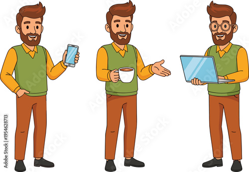 Illustration of a Young Professional with Smartphone, Coffee Cup, and Laptop for Business, Technology, and Office Communication Concepts