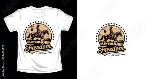 Western freedom horse rider graphic vector art t-shirt design print template with mountain scenery and circular star frame