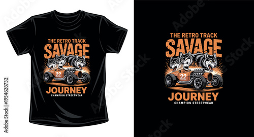 Retro track savage journey graphic vector art t-shirt design print template featuring vintage race car and aggressive wolves