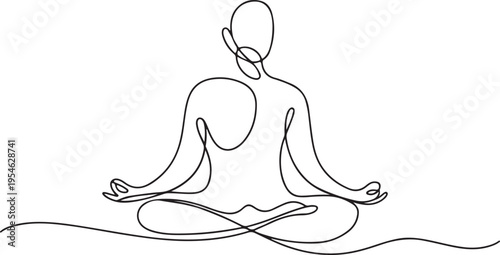 Minimalist continuous line art illustration of a person practicing meditation in a yoga lotus pose, symbolizing tranquility, mindfulness, and inner peace for wellness