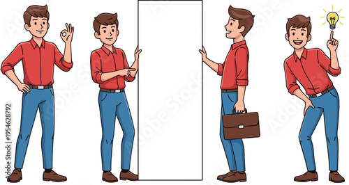 Illustration of a Young Professional with Ideas, Blank Sign, and Briefcase for Business, Innovation, and Corporate Concepts