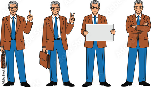 Illustration of a Senior Businessman in Brown Suit with Briefcase, Peace Sign, and Blank Sign for Professional, Business, and Corporate Concepts