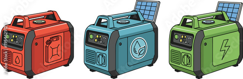 Illustration of Different Portable Solar Power Generators, Eco-Friendly Energy Solutions for Home, Outdoor, and Emergency Use