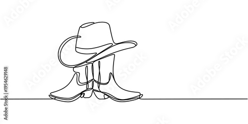 continuous line cowboy hat and boots, One continuous single drawing line art flat doodle boot, shoe, cowboy, leather, western, fashion, cossack, foot, ranch. Isolated image hand draw contour.