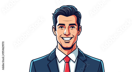 Cartoon illustration of a smiling young businessman in a suit and tie against a white background.