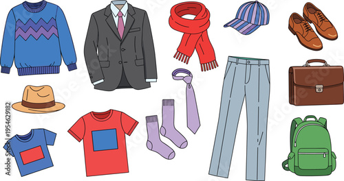 Illustration of Various Clothing Items and Accessories, Casual and Formal Wear, Outfits, Shoes, and Bags for Fashion Enthusiasts