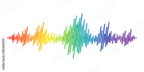 This digital illustration features a colorful music equalizer and sound wave design with vibrant music notes and a frequency spectrum graph on a white background