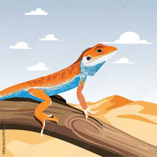 Vibrant bearded dragon illustration on branch with desert landscape