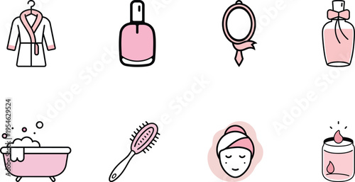 Vector line icons of beauty, skincare, and spa essentials in pink pastel style.