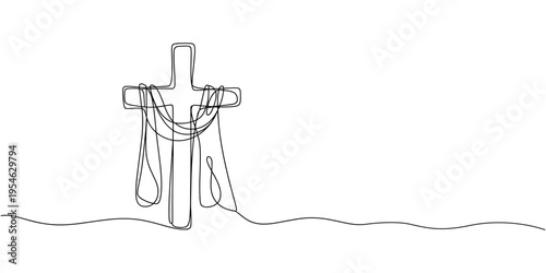 continuous line drawing of a cross with a flying cloth.one line drawing of the sign of Jesus' crucifixion wrapped around a flying cloth. single line vector illustration. isolated on white background