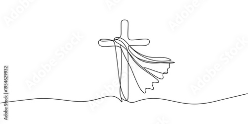 continuous line drawing of a cross with a flying cloth.one line drawing of the sign of Jesus' crucifixion wrapped around a flying cloth. single line vector illustration. isolated on white background