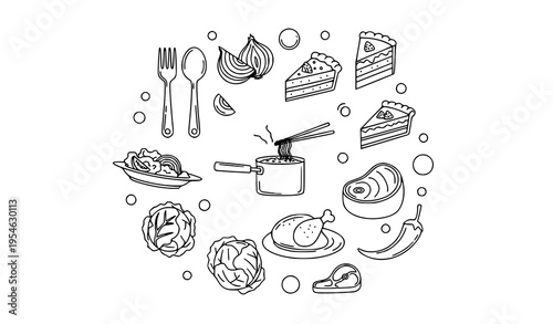 Editable Thin Line Cooking Icons Set with Food Ingredients and Kitchen Elements Vector Pack