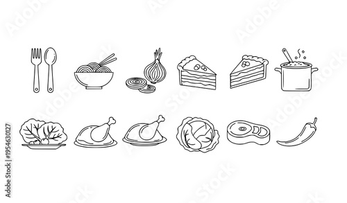 Minimal Food Line Icons Collection Featuring Meals, Vegetables and Cookware Vector Set