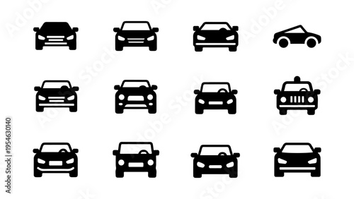 Car Icons Collection – 12 Solid Black Vehicle Symbols, Transport UI UX Vector Set