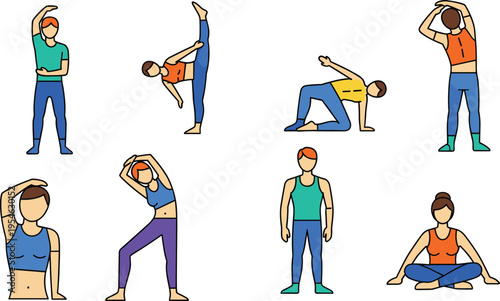 Title: Collection of Male and Female Characters Practicing Yoga and Stretching Exercises in Various Poses for Fitness, Wellness, and Healthy Active Lifestyle Design