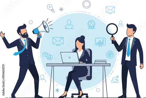 Illustration of Office Team Collaboration, Business Communication and Digital Interaction with Professionals Working Together in a Modern Workspace