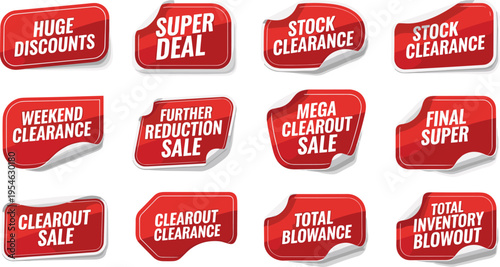 Illustration of Sale and Clearance Badges with Discount Offers, Special Deals, and Promotions in Bold Red Colors for Marketing Campaigns