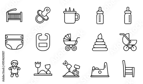 Thin Line Baby Care Icon Set with Nursery Items and Infant Accessories Vector Illustration