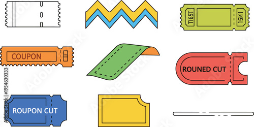 Coupon and Ticket Cut Shape Icon Set with Perforated Edges, Discount Vouchers, Admit Pass Designs, Rounded Cuts, and Decorative Labels for Promotional Marketing Use
