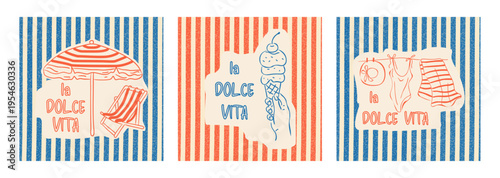 Summer square striped backgrounds, print, cover, card "la dolce vita". Hand-drawn illustrations: swimsuit, sun lounger with umbrella, hat, ice cream. Vector doodles