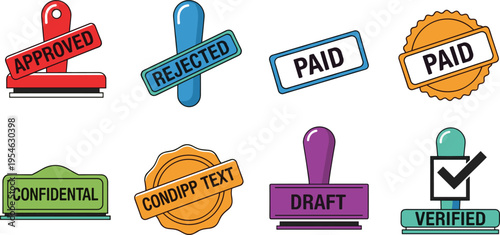 Document Approval and Office Stamp Icon Set with Approved, Rejected, Paid, Confidential, Draft, Verified Labels for Business Workflow, Authorization, and Administrative Design