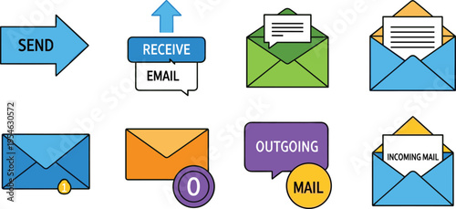 Email Communication Icon Set with Send Receive Messages, Incoming and Outgoing Mail, Envelope Symbols, Notification Alerts for Web Apps, UI Design, and Digital Messaging Systems