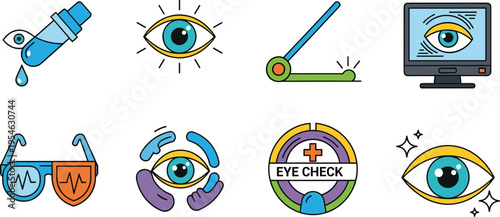 Eye Care and Vision Health Icon Set with Eyedrop, Eye Protection, Medical Checkup, Vision Test, Optical Devices, and Digital Screening for Healthcare and Ophthalmology Design