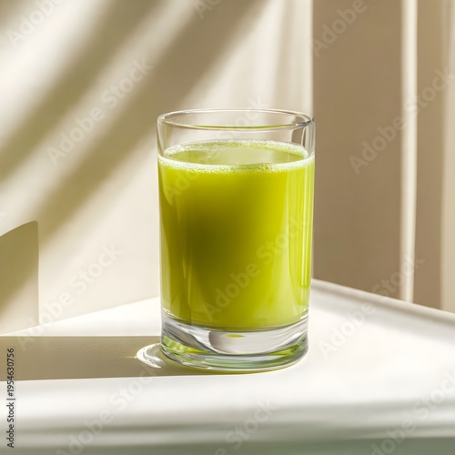 Fresh Green Juice in Glass on Minimal Background with Natural Light, Healthy Detox Drink Concept
