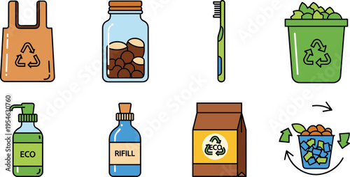 Eco Friendly and Zero Waste Lifestyle Icon Set with Recycling Bag, Reusable Containers, Refill Products, Compost Bin, and Sustainable Household Items for Green Living Design