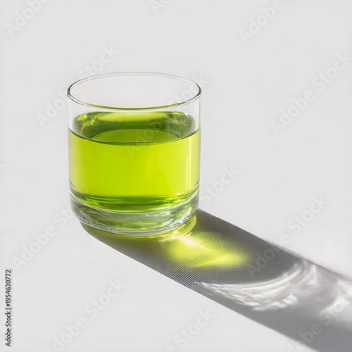 Fresh Green Juice in Glass on Minimal Background with Natural Light, Healthy Detox Drink Concept
