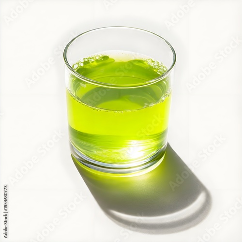 Fresh Green Juice in Glass on Minimal Background with Natural Light, Healthy Detox Drink Concept
