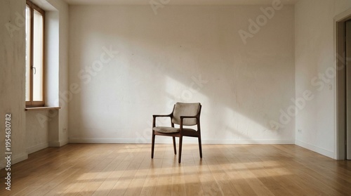 A lone chair centers a sunlit empty room, highlighting warm wooden floors and minimalist walls. Natural light creates a serene, contemplative interior atmosphere