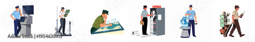 Set of diverse military and surveillance personnel in uniforms using advanced technology, communication systems, radar, and digital maps in flat vector style.