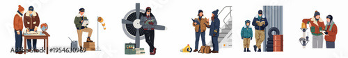 Collection of flat vector illustrations depicting pilots and ground crew in winter flight gear, preparing for takeoff and managing flight logistics.