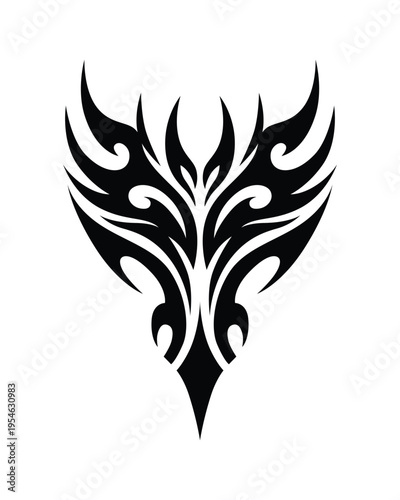 Stylized tribal tattoo design sketch curves upward with bold, sharp edges. Symmetrical pattern flows like flame or feathered wings. Central motif splits into flowing, decorative swirls