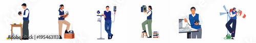 Flat vector illustration of professional workers and technicians using various communication, measuring, and navigation tools in their specialized roles.