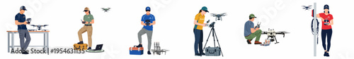 Flat vector illustration of diverse professional drone pilots operating various unmanned aerial vehicles in a training academy setting.