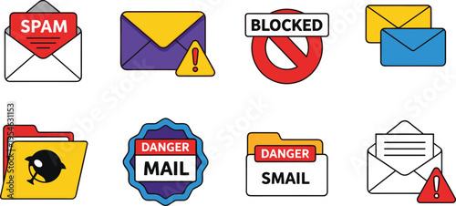 Spam and Blocked Mail Icon Set with Warning Symbols, Dangerous Email Alerts, Security Notifications, and Junk Message Indicators for Digital Communication Design