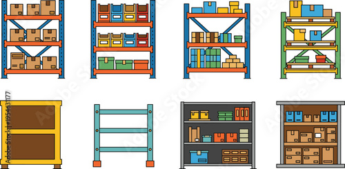 Warehouse Storage Shelving and Inventory Rack Icon Set with Boxes, Goods, and Industrial Storage Systems for Logistics, Distribution, and Supply Chain Design