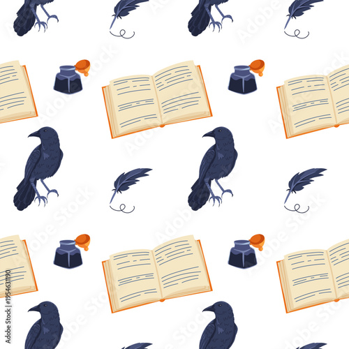 Seamless pattern with vintage book, open pages, feather quill, ink bottle, crow. Cozy reading and writing background. Poet core. Flat vector illustration for wrapping paper, textile, wallpaper