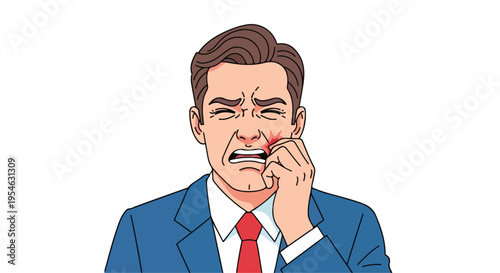 Illustration of a stressed businessman talking on the phone with a worried expression on a plain white background.