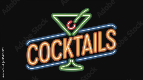 Vintage neon sign with cocktails text and martini glass on black background nightlife and bar concept