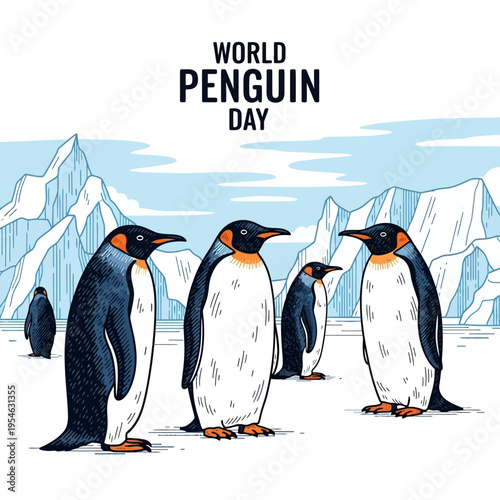 World Penguin Day illustration featuring a group of emperor penguins standing on ice with icy mountains in the background.