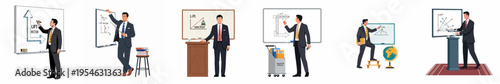 Collection of flat illustrations showing a professional man in a suit teaching complex aviation and physics concepts on whiteboards in different lecture scenarios.
