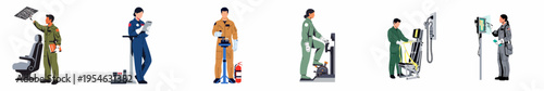 Diverse aviation and aerospace personnel in flight suits performing various technical tasks, maintenance, and training exercises, isolated on a white background.
