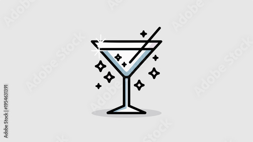 Elegant cocktail glass icon with sparkling stars and stirrer symbolizing luxury and celebration in a modern minimalist style
