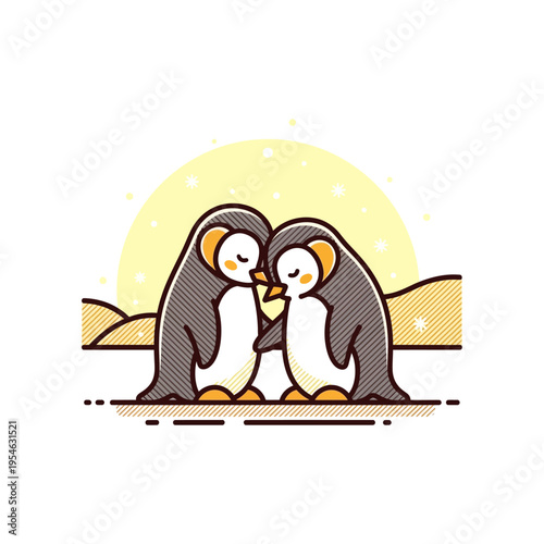 Two cute cartoon penguins nuzzling affectionately in a snowy landscape with a large yellow sun in the background.