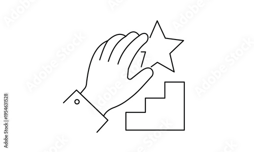 Business hand reaching for star on stairs concept for career success goal and growth achievement. Editable stroke. Vector illustration.