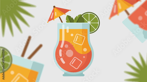 Vibrant tropical cocktail illustration with lime umbrella and ice cubes in a colorful drink