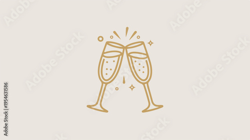 Elegant gold champagne flutes clinking with festive sparks on light beige background for celebrations